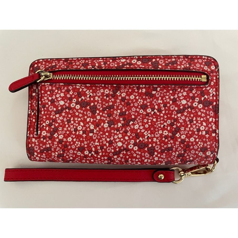 Michael Kors Red Floral Saffiano Leather Wristlet Wallet Gold Hardware Snap#651 - Picture 2 of 9
